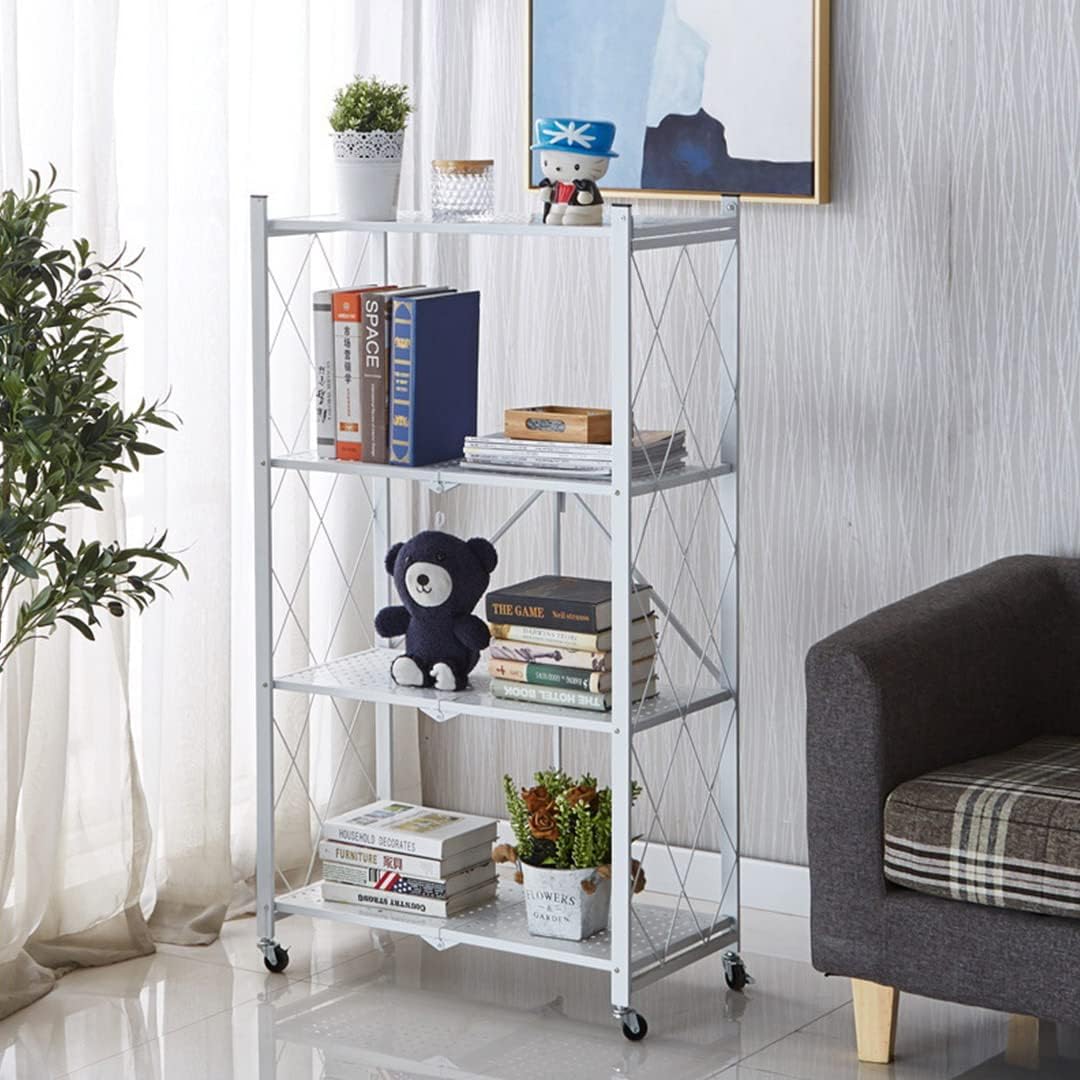 CARLA HOME 4-Tier Foldable Storage Shelf with Wheels for Kitchen Garage Pantry or Basement (White)