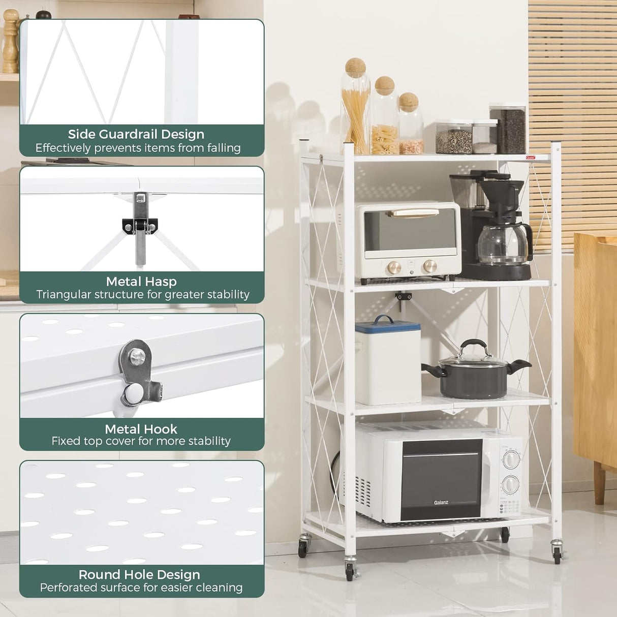 CARLA HOME 4-Tier Foldable Storage Shelf with Wheels for Kitchen Garage Pantry or Basement (White)