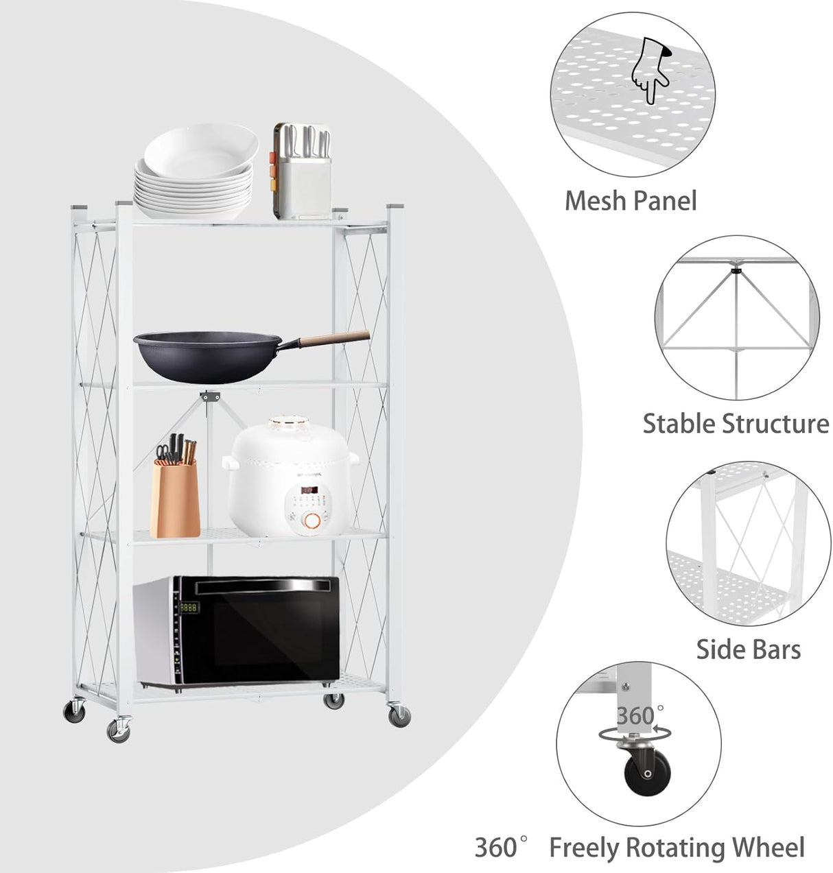 CARLA HOME 4-Tier Foldable Storage Shelf with Wheels for Kitchen Garage Pantry or Basement (White)