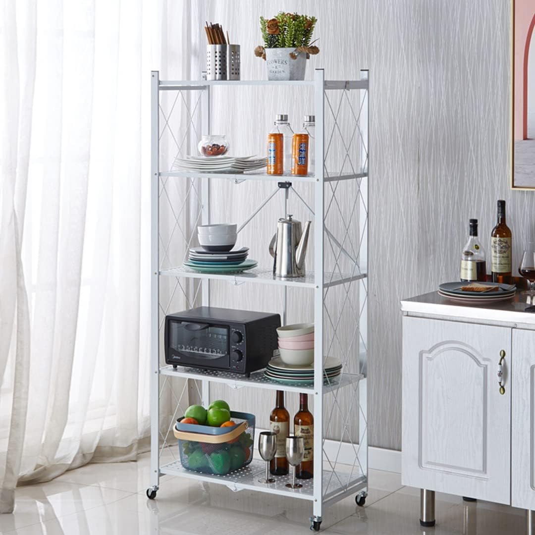 CARLA HOME 5-Tier Foldable Storage Shelf with Wheels for Kitchen Garage Pantry or Basement (White)