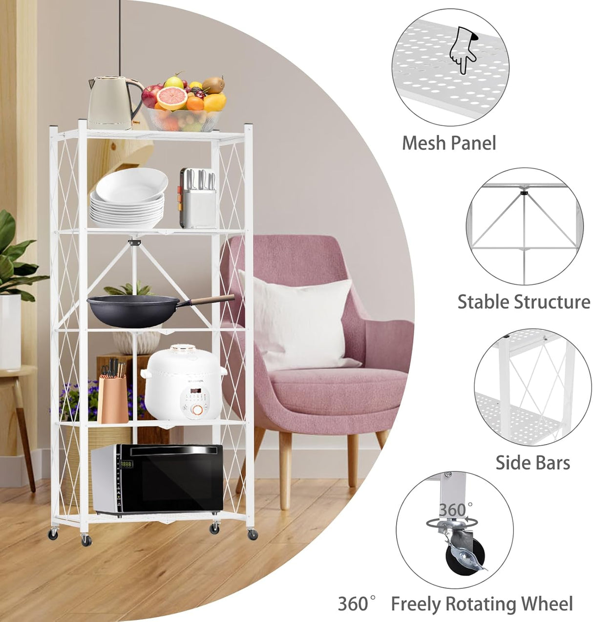 CARLA HOME 5-Tier Foldable Storage Shelf with Wheels for Kitchen Garage Pantry or Basement (White)