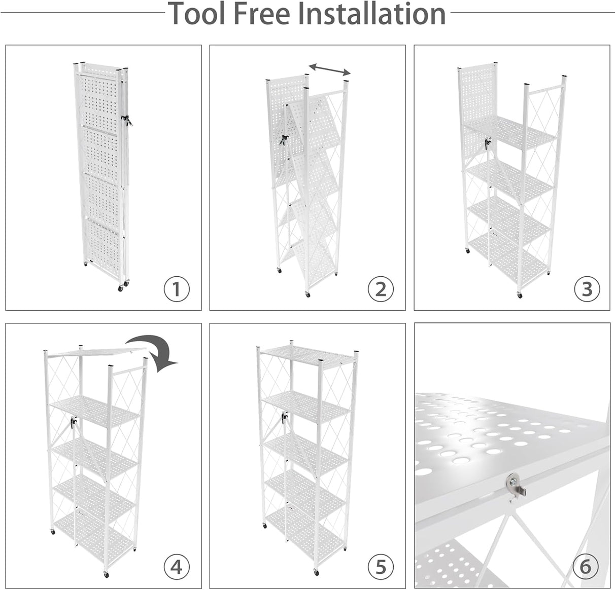 CARLA HOME 5-Tier Foldable Storage Shelf with Wheels for Kitchen Garage Pantry or Basement (White)
