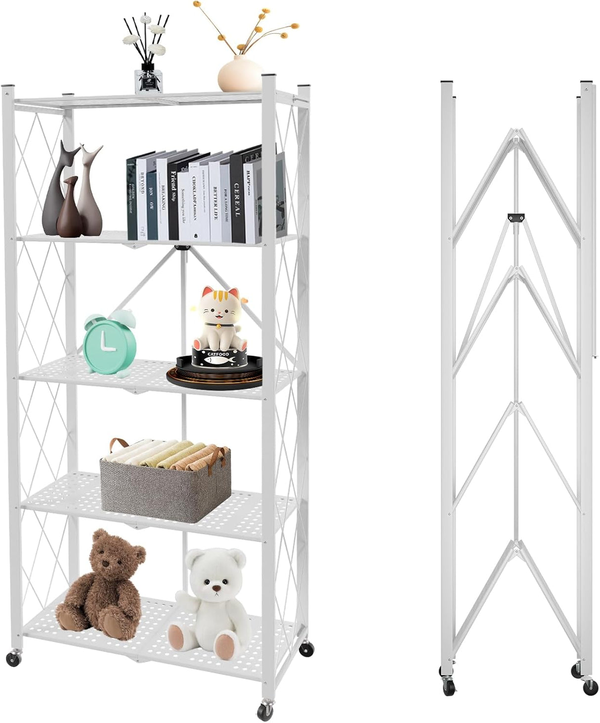 CARLA HOME 5-Tier Foldable Storage Shelf with Wheels for Kitchen Garage Pantry or Basement (White)