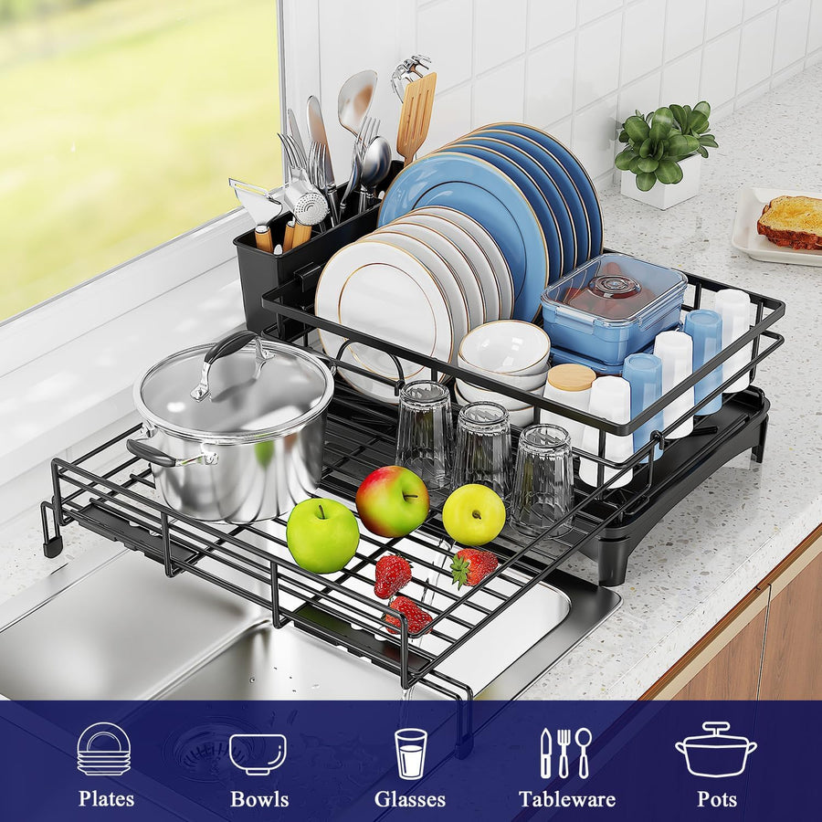 CARLA HOME Expandable Dish Drying Rack with Drainage Spout, Utensil Holder & Drainboardfor Kitchen Countertop Organizer (1 tier)