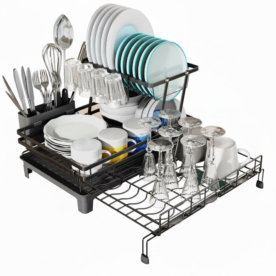 CARLA HOME Expandable Dish Drying Rack with Drainage Spout, Utensil Holder & Drainboardfor Kitchen Countertop Organizer (2 tier)