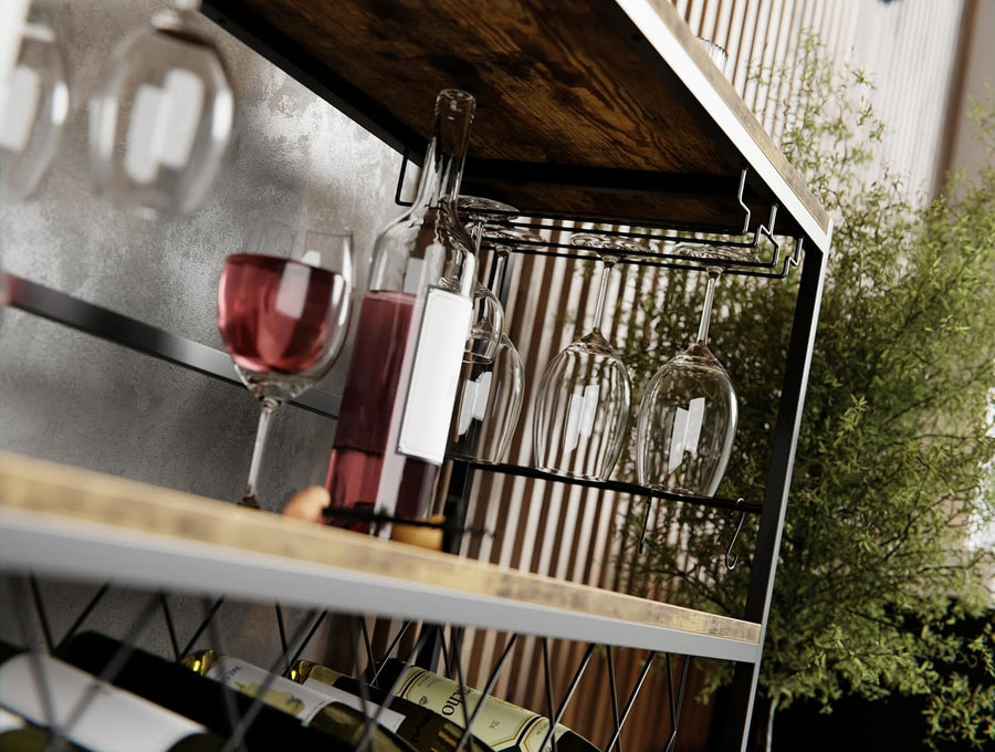 CARLA HOME Large Wine Rack with Glass Holder, Metal Designed Bottle Holder and Wood Countertop for Wine & Champagne