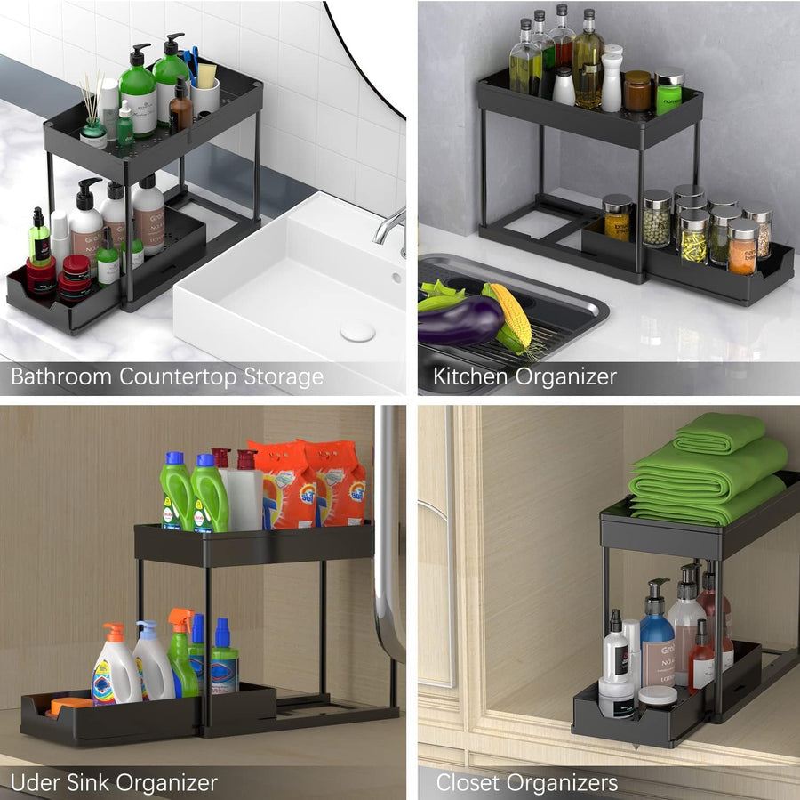 CARLA HOME 2 Pack Under Sink Organizer with Pull-Out Basket and Hooks for Bathroom & Kitchen