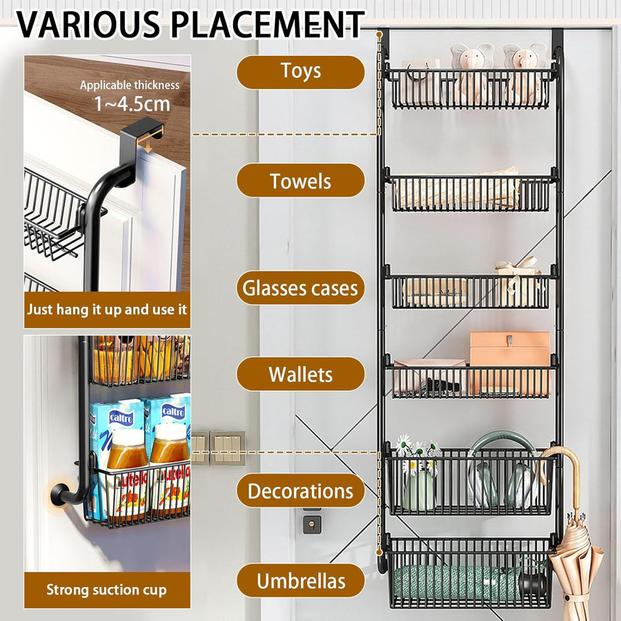 CARLA HOME 6-Tier Over the Door Organizer Heavy-Duty Metal Pantry Rack with Hanging Baskets for Home Kitchen Storage & Bathroom Door Organization (Black)