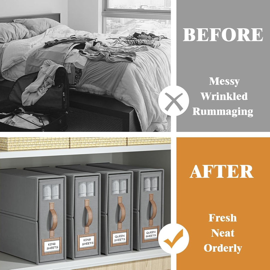 CARLA HOME Bed Sheet Organizer Set of 8 with Handle & Window for Covers, Pillowcases, Blankets, Clothes & Sheets (Grey)