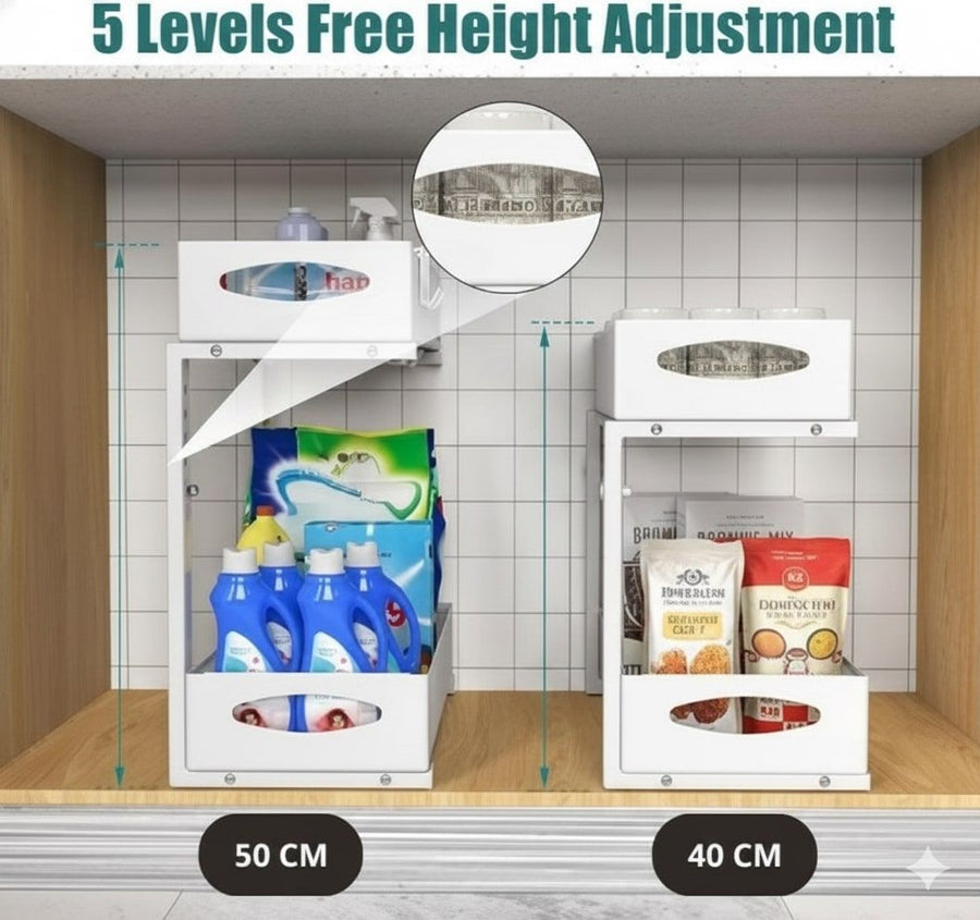 CARLA HOME 2 Pack Under Sink Organizer Pull Out Sliding Cabinet Storage Shelf with Height Adjustable for Kitchen, Bathroom or Laundry Room (White)