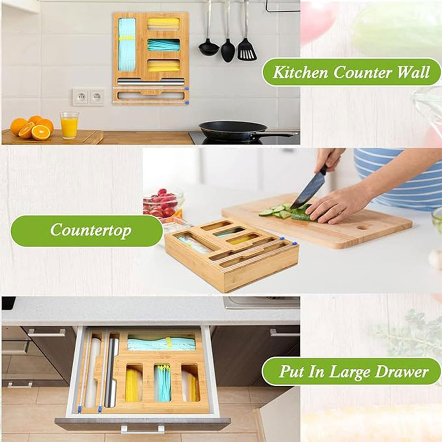 CARLA HOME 6-in-1 Bamboo Kitchen Drawer Organizer with Ziplock Bag Storage, Wrap Dispenser, Cutter for Gallon, Quart, Sandwich, Snack, Foil & Plastic Wrap