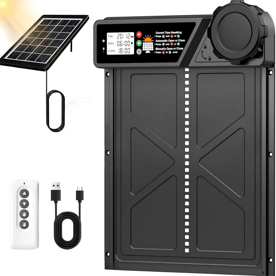 CARLA HOME Solar Automatic Chicken Coop Door with Timer, Light Sensor, Remote Control, Anti-Pinch, LED Screen & USB Charging