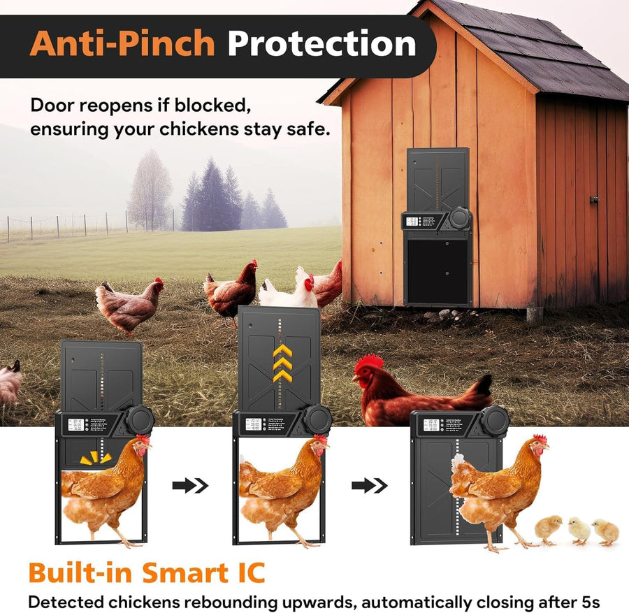 CARLA HOME Solar Automatic Chicken Coop Door with Timer, Light Sensor, Remote Control, Anti-Pinch, LED Screen & USB Charging