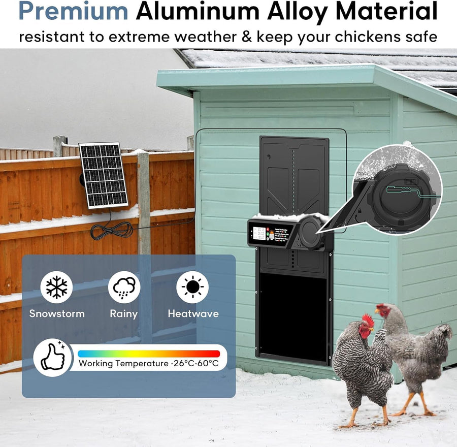 CARLA HOME Solar Automatic Chicken Coop Door with Timer, Light Sensor, Remote Control, Anti-Pinch, LED Screen & USB Charging