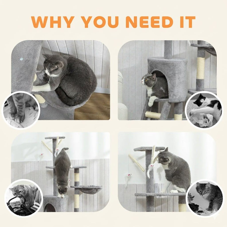 CARLA HOME 134cm Cat Tree for Indoor Cats with Hammock, Plush Perch & Sisal Scratching Posts for Kittens & Adult Cats (Light Grey)