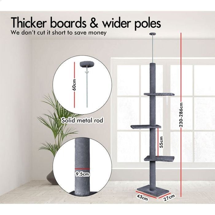 CARLA HOME Floor to Ceiling Cat Tree Tower  with Adjustable Height 230-286cm for Indoor Cats (Grey)