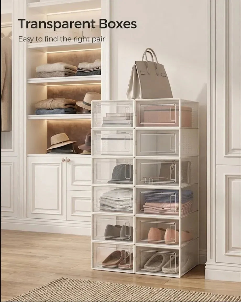 CARLA HOME 6-Pack Clear Stackable Shoe Storage Boxes - White - Shoe Box Storage
