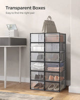 CARLA HOME 12-Pack Clear Shoe Storage Boxes - Stackable - Black - Shoe Box Storage - Low Angle