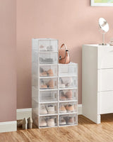 CARLA HOME 12-Pack Clear Shoe Storage Boxes - Stackable - White - Shoe Box Storage - Front View