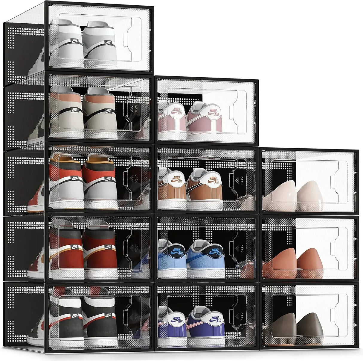 CARLA HOME 12-Pack Clear Stackable Shoe Storage Boxes - Black - Shoe Box Storage