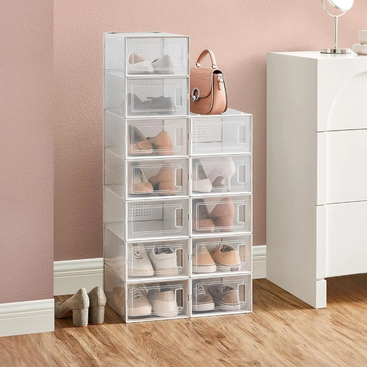 CARLA HOME 12-Pack Clear Stackable Shoe Storage Boxes - White - Shoe Box Storage