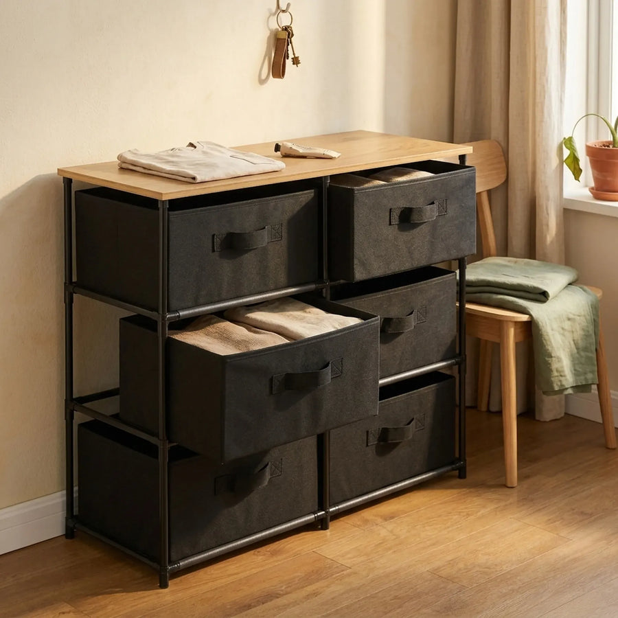 CARLA HOME 6 Drawer Fabric Storage Dresser - Steel Frame - Black - Storage Rack - Rustic