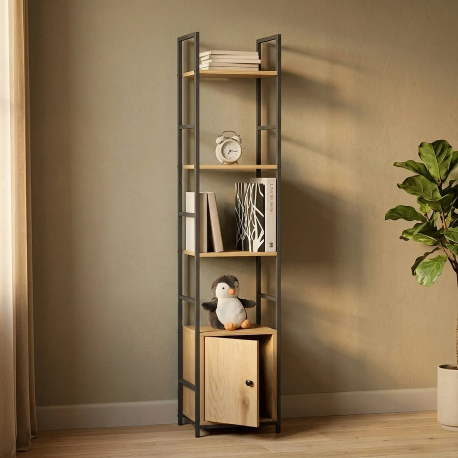 CARLA HOME 5 Tier Bookshelf with Cabinet - Brown - Storage Cabinet - Rustic - Steel