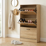 CARLA HOME 3 Flip Drawer Shoe Cabinet - Hidden Storage - Modern - Shoe Storage Cabinet - Oak