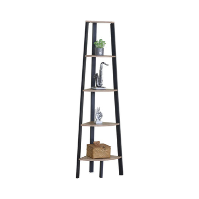 CARLA HOME 5 Tier Corner Shelf - Ladder Bookshelf - Metal Frame - Brown - Rustic