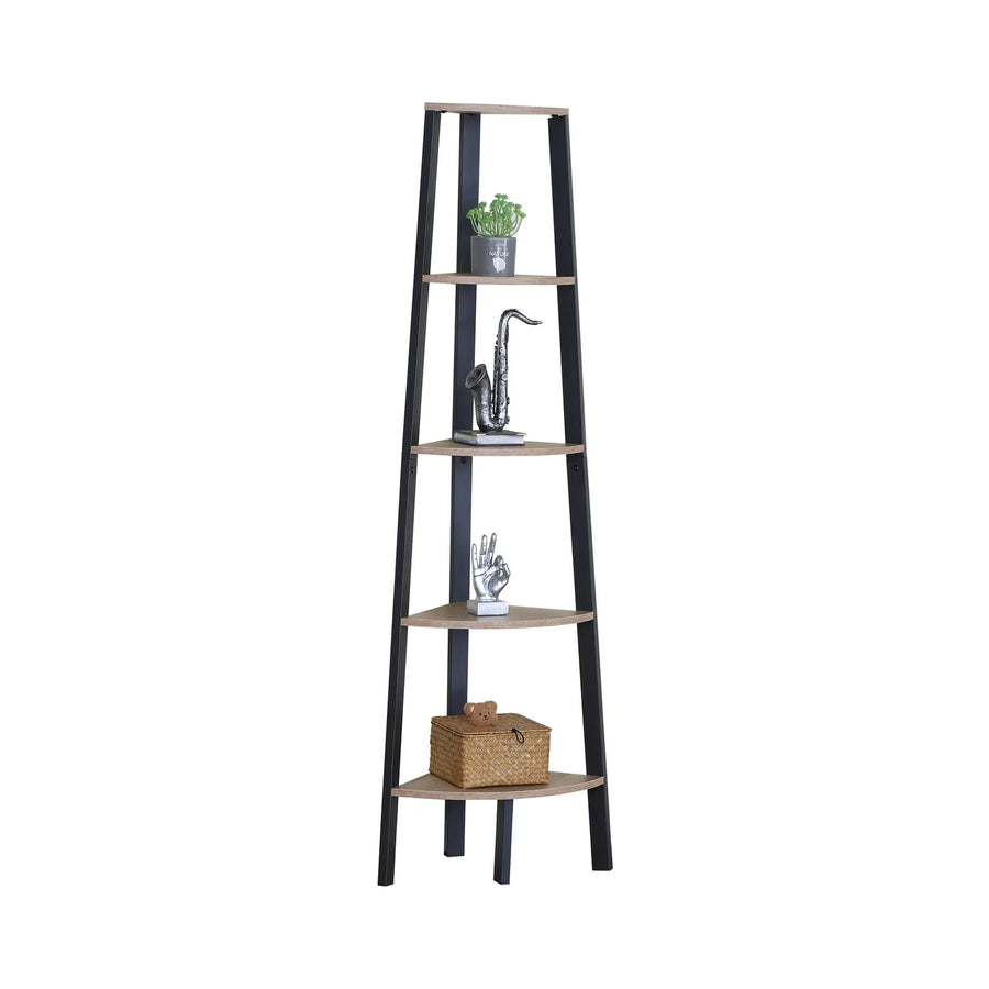 CARLA HOME 5 Tier Corner Shelf - Ladder Bookshelf - Metal Frame - Brown - Rustic