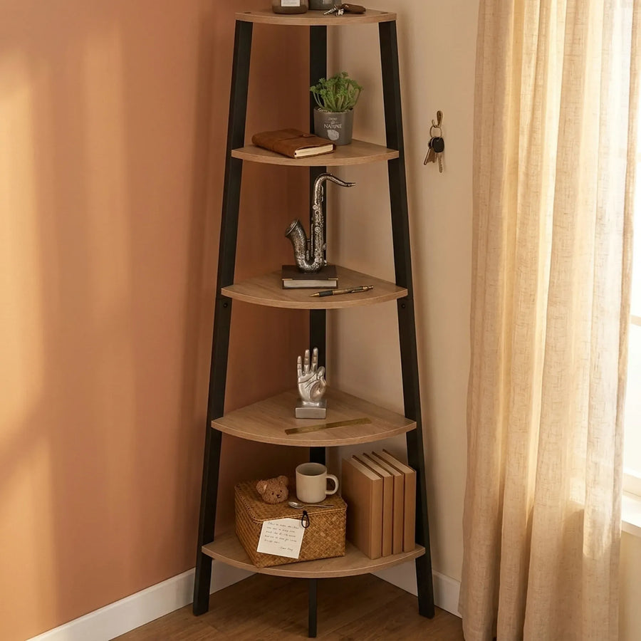 CARLA HOME 5 Tier Corner Shelf - Ladder Bookshelf - Metal Frame - Brown - Rustic
