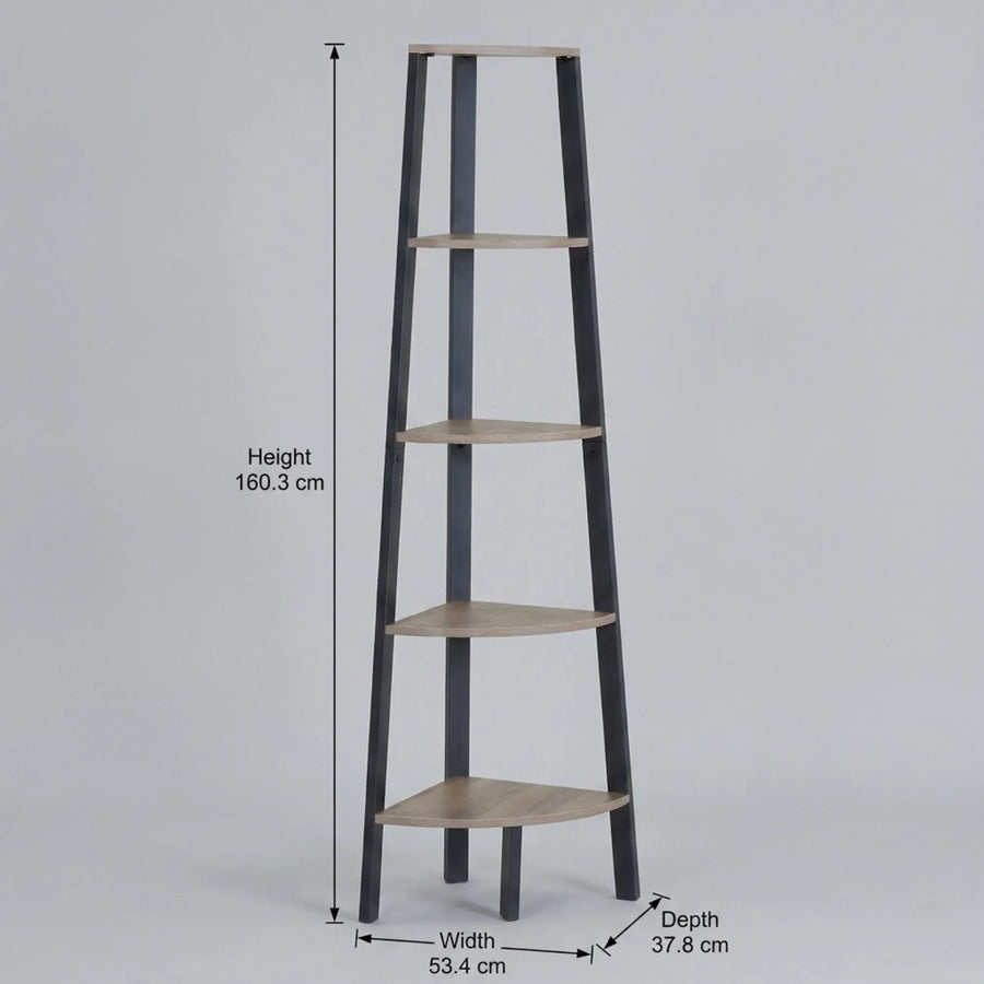 CARLA HOME 5 Tier Corner Shelf - Ladder Bookshelf - Metal Frame - Brown - Rustic