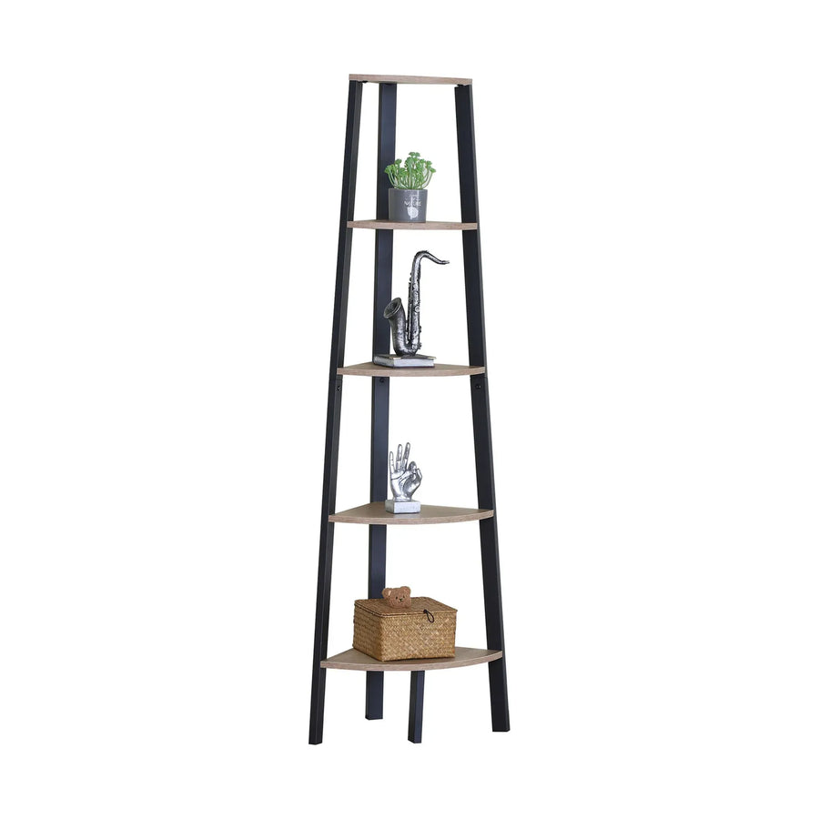 CARLA HOME 5 Tier Corner Shelf - Ladder Bookshelf - Metal Frame - Brown - Rustic