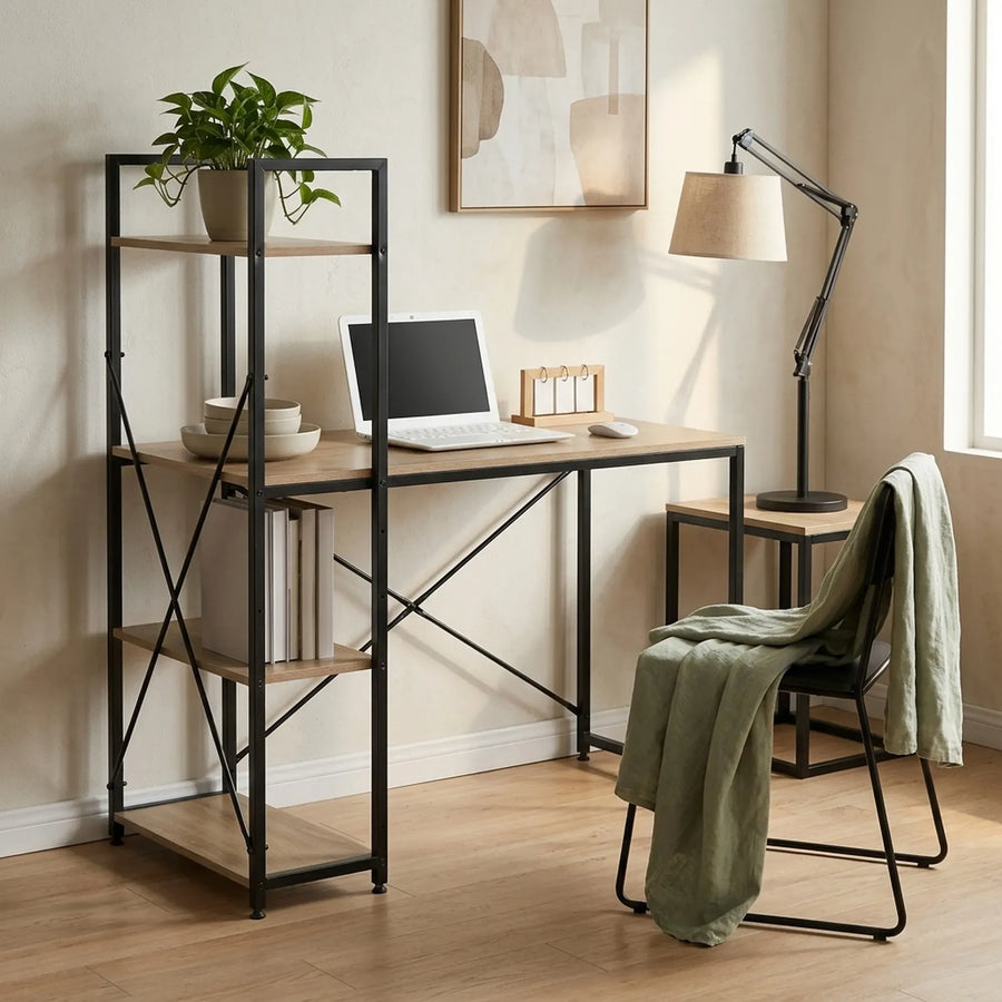 CARLA HOME Computer Desk with 4 Shelf Bookcase - Steel - Brown - Rustic - Office Desk Computer