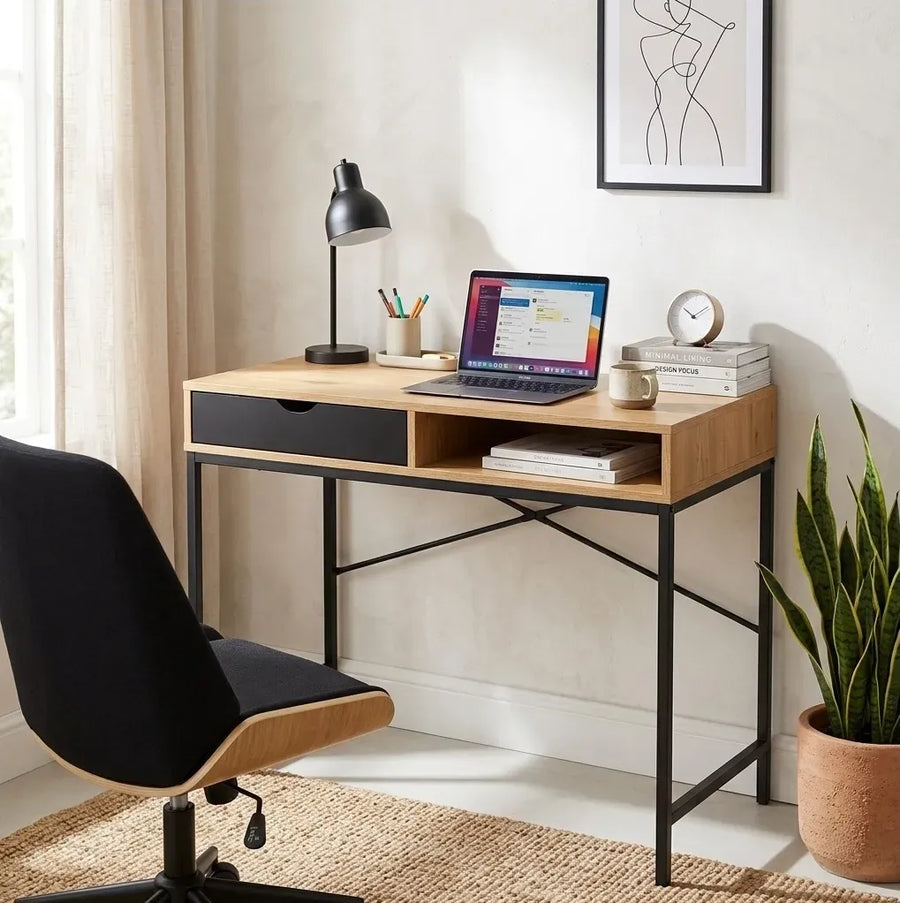 CARLA HOME Oak Computer Desk with Drawer - Mdf Steel Frame - Brown - Rustic - Office Desk Computer