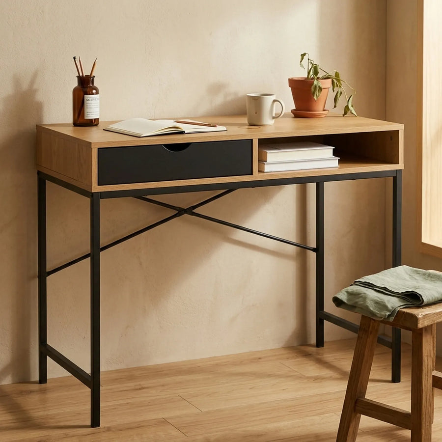 CARLA HOME Oak Computer Desk with Drawer - Mdf Steel Frame - Brown - Rustic - Office Desk Computer