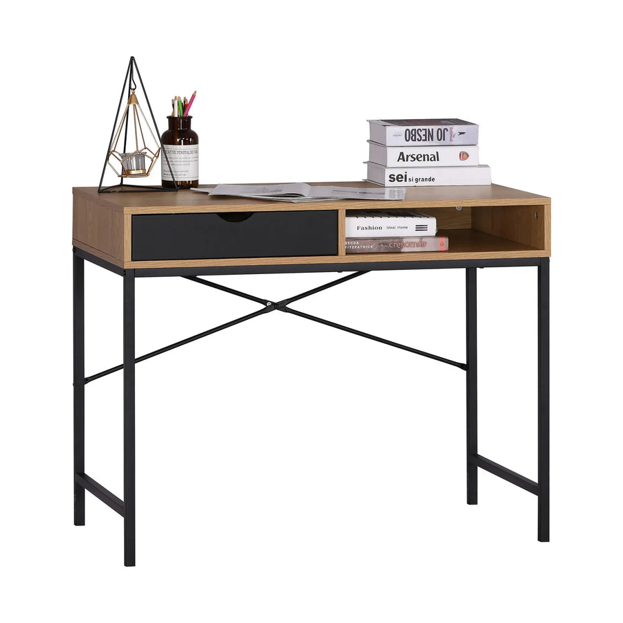 CARLA HOME Oak Computer Desk with Drawer - Mdf Steel Frame - Brown - Rustic - Office Desk Computer