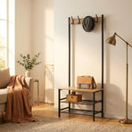 CARLA HOME Hall Tree Coat Rack with Bench - 5 Hooks - Brown - Rustic - Garment Rack