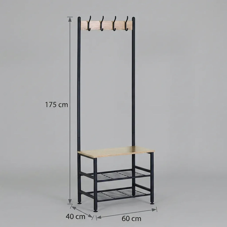 CARLA HOME Hall Tree Coat Rack with Bench - 5 Hooks - Brown - Rustic - Garment Rack
