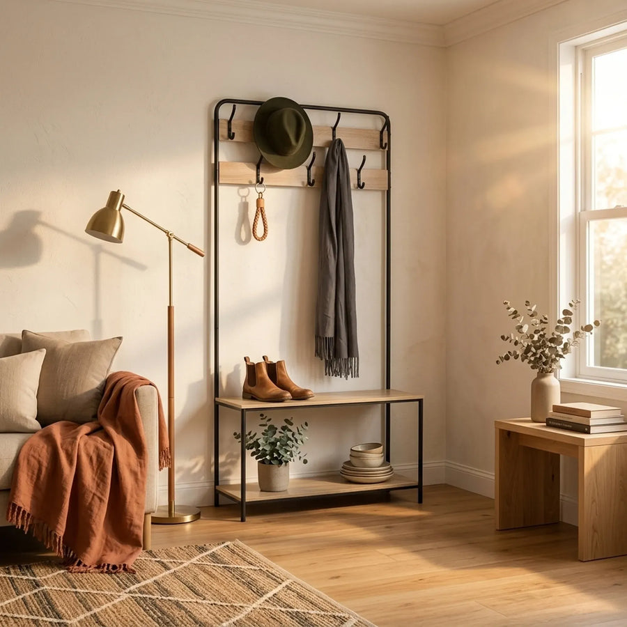 CARLA HOME Hall Tree Coat Rack with Bench - 8 Hooks - Brown - Rustic - Garment Rack