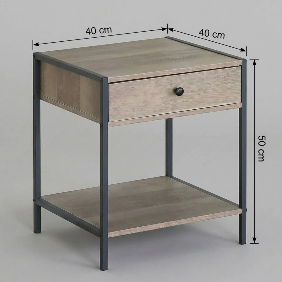 CARLA HOME Brown Bedside Table with Drawer - Steel Frame - Rustic - Nightstand - Side Table Small