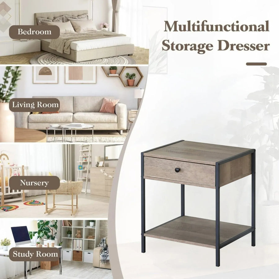 CARLA HOME Brown Bedside Table with Drawer - Steel Frame - Rustic - Nightstand - Side Table Small