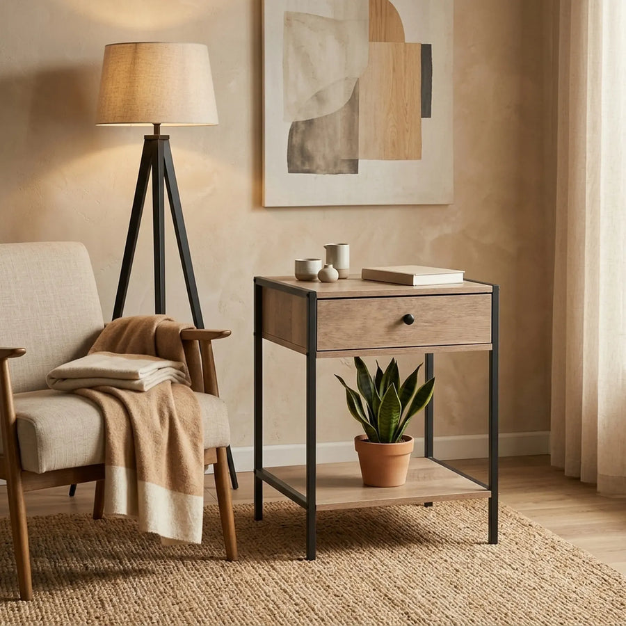 CARLA HOME Brown Bedside Table with Drawer - Steel Frame - Rustic - Nightstand - Side Table Small