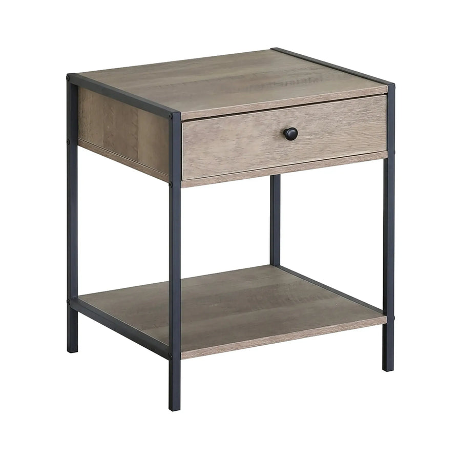 CARLA HOME Brown Bedside Table with Drawer - Steel Frame - Rustic - Nightstand - Side Table Small
