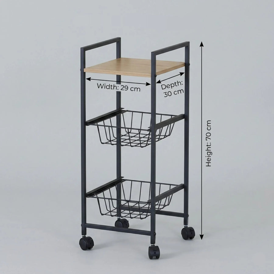CARLA HOME 3 Tier Rolling Kitchen Trolley Cart - Rustic Brown - Steel - Kitchen Rolling Cart