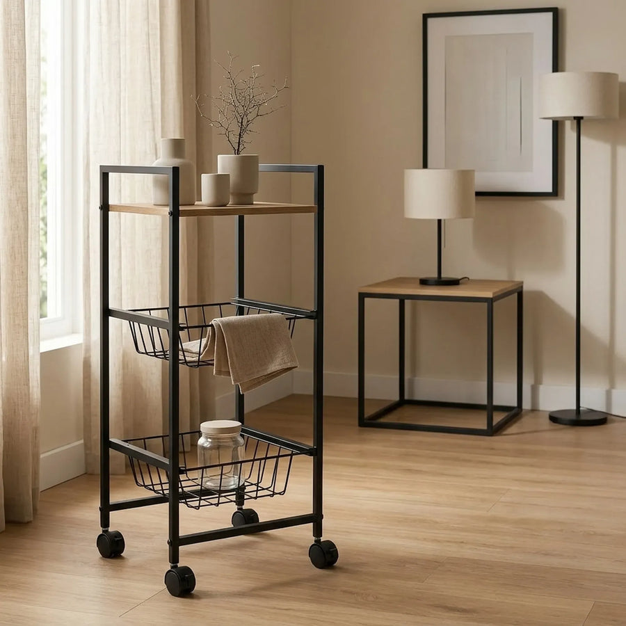 CARLA HOME 3 Tier Rolling Kitchen Trolley Cart - Rustic Brown - Steel - Kitchen Rolling Cart