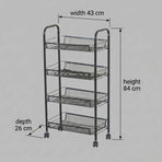 CARLA HOME 4 Tier Rolling Kitchen Trolley Cart - Metal Mesh - Black - Basic - Steel