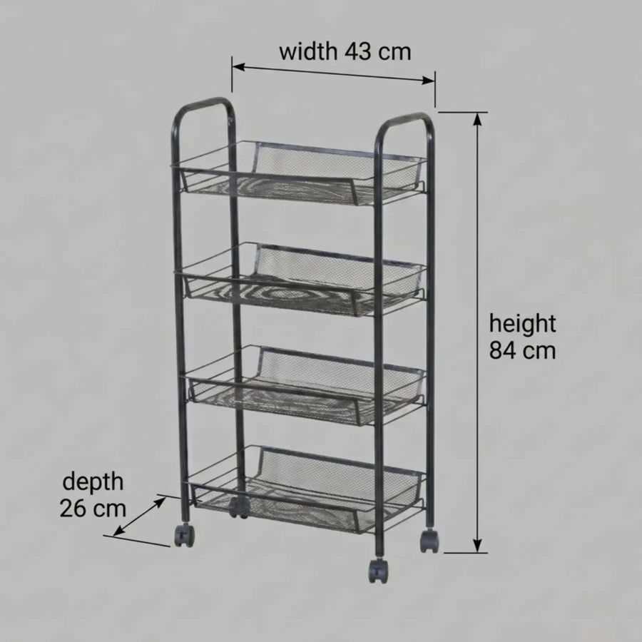 CARLA HOME 4 Tier Rolling Kitchen Trolley Cart - Metal Mesh - Black - Basic - Steel