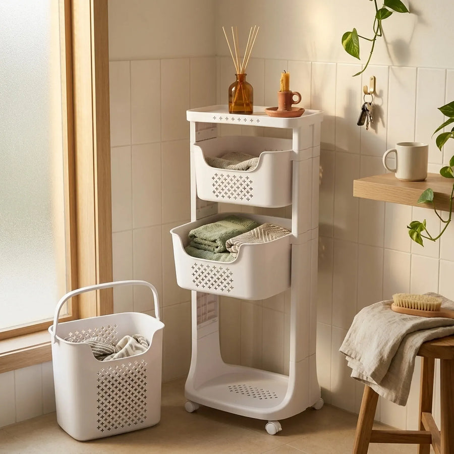 CARLA HOME 3 Tier Rolling Laundry Basket - White with Wheels - Basic - Plastic - 3 - tier Rolling Laundry