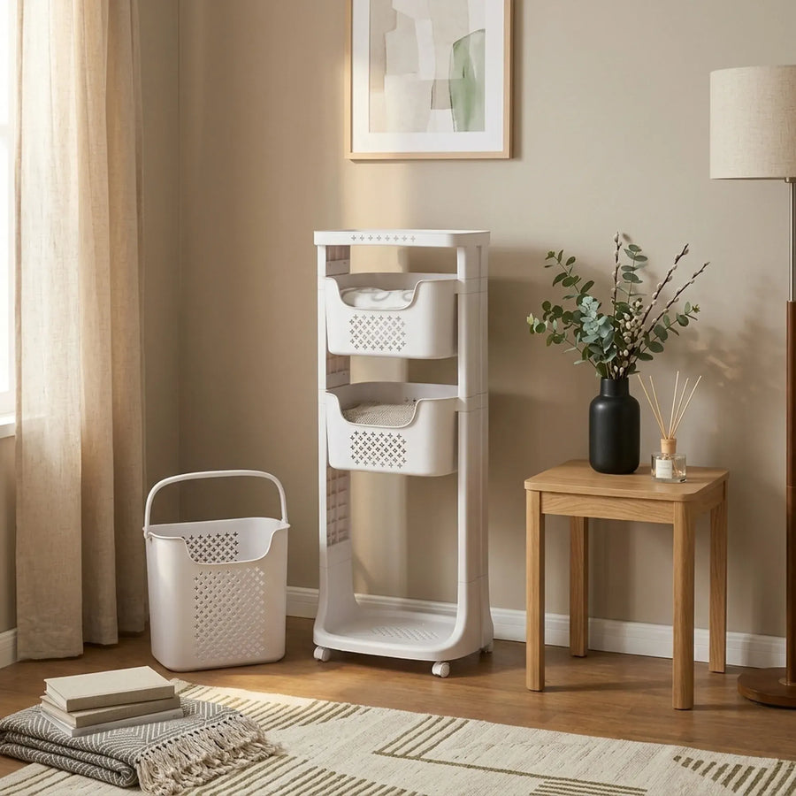 CARLA HOME 3 Tier Rolling Laundry Basket - White with Wheels - Basic - Plastic - 3 - tier Rolling Laundry